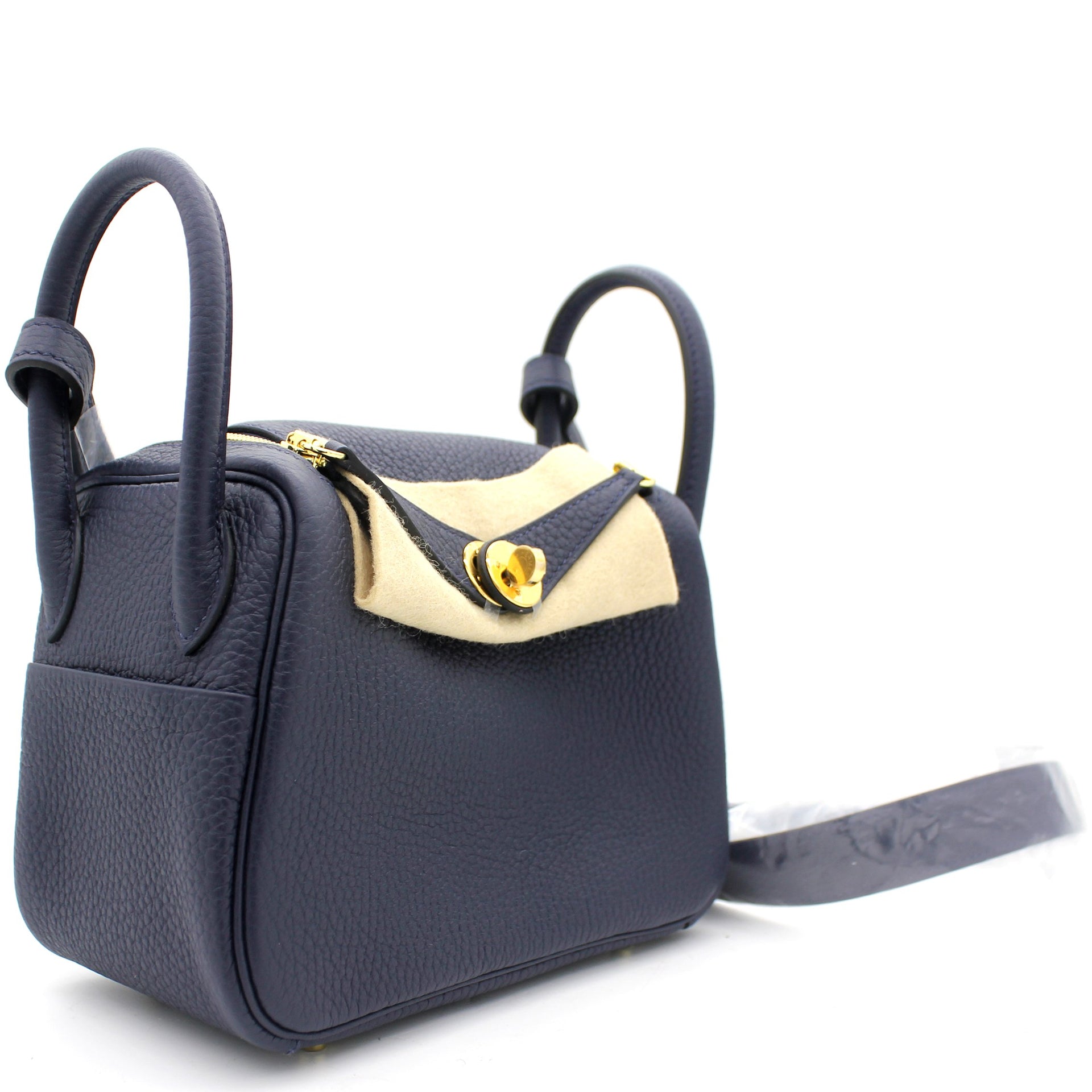 hermes mini lindy (stamp y 2020) blue nuit color clemence leather, gold  hardware, with dust cover & box