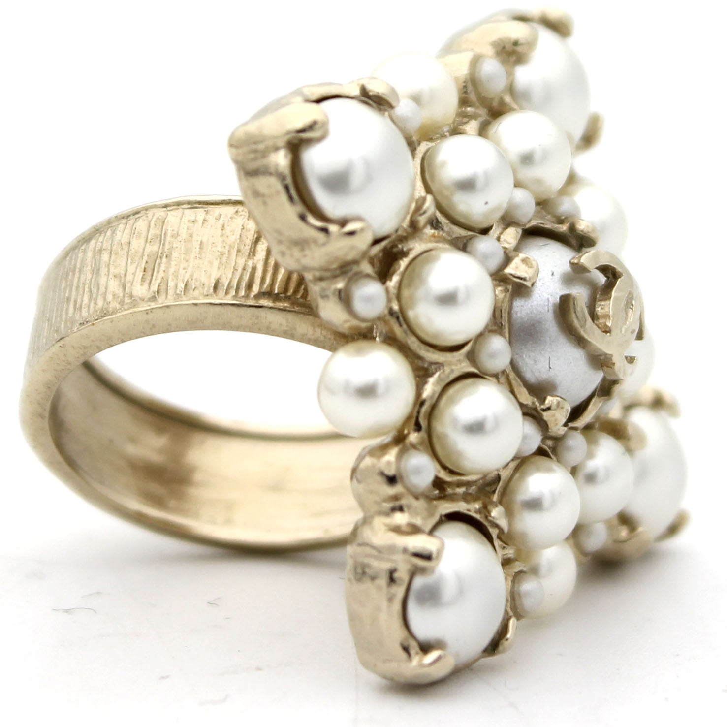 Pale Gold Tone Faux Pearl CC Ring 52