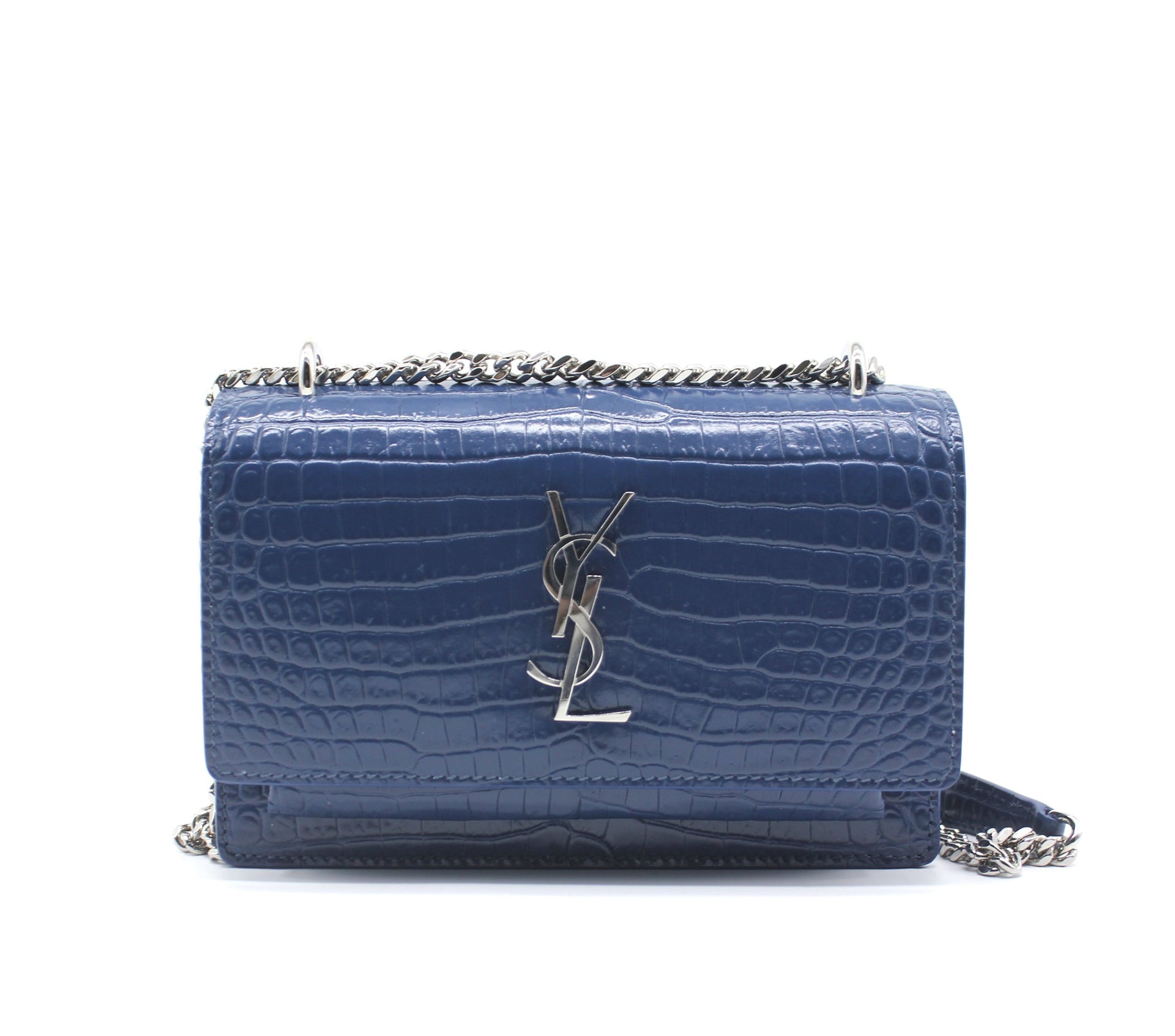Saint Laurent Sunset Chain Wallet In Crocodile-embossed Shiny Leather