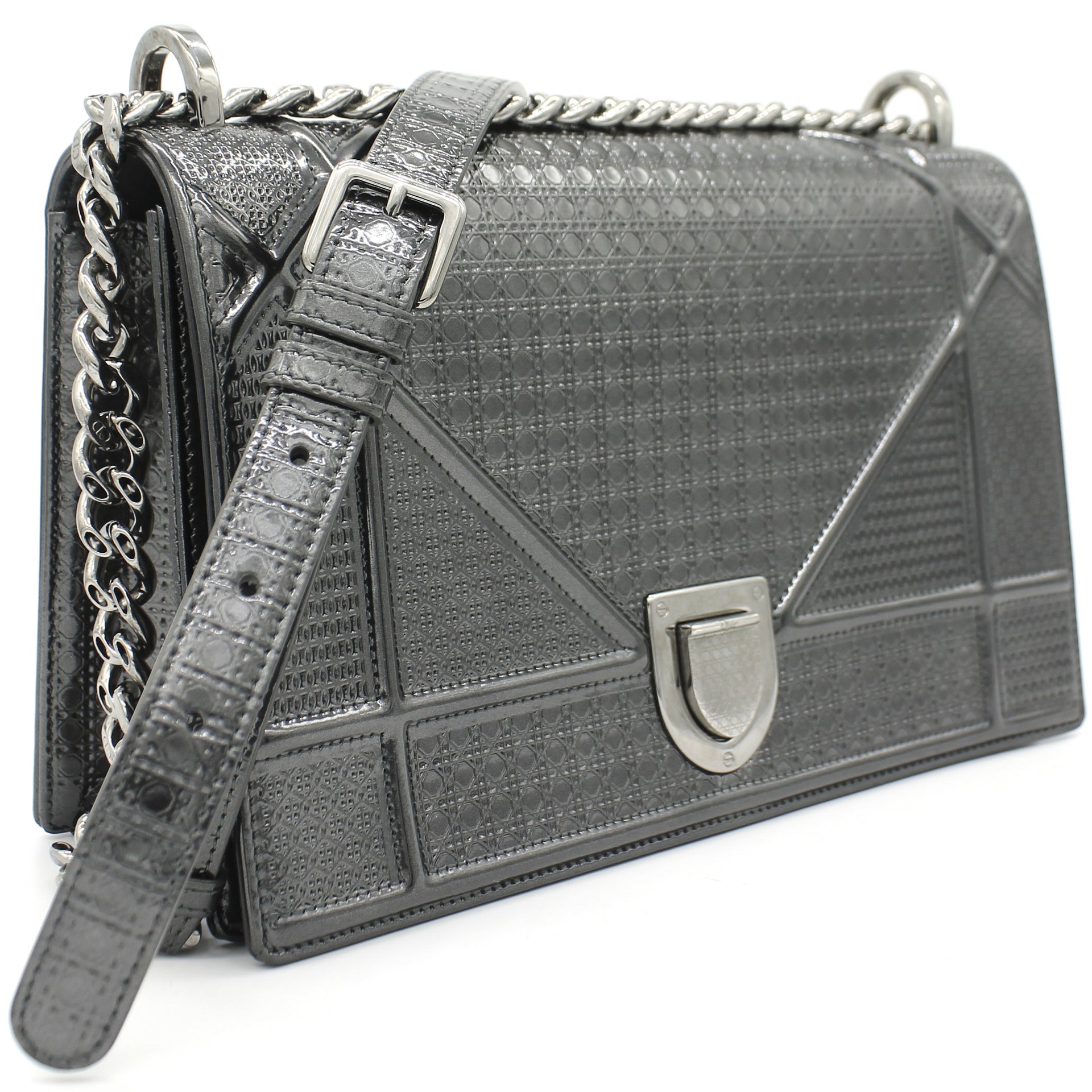 Dior Metallic Patent Micro-Cannage 30 Montaigne Belt Shoulder Bag, Silver, NEW