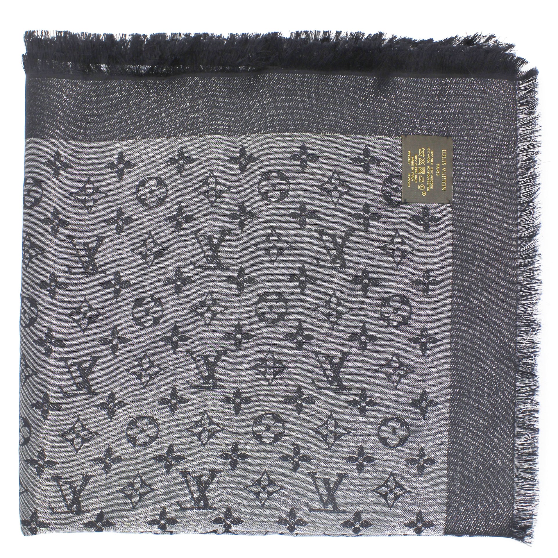LOUIS VUITTON Silk Wool Monogram Denim Shawl Black 69214