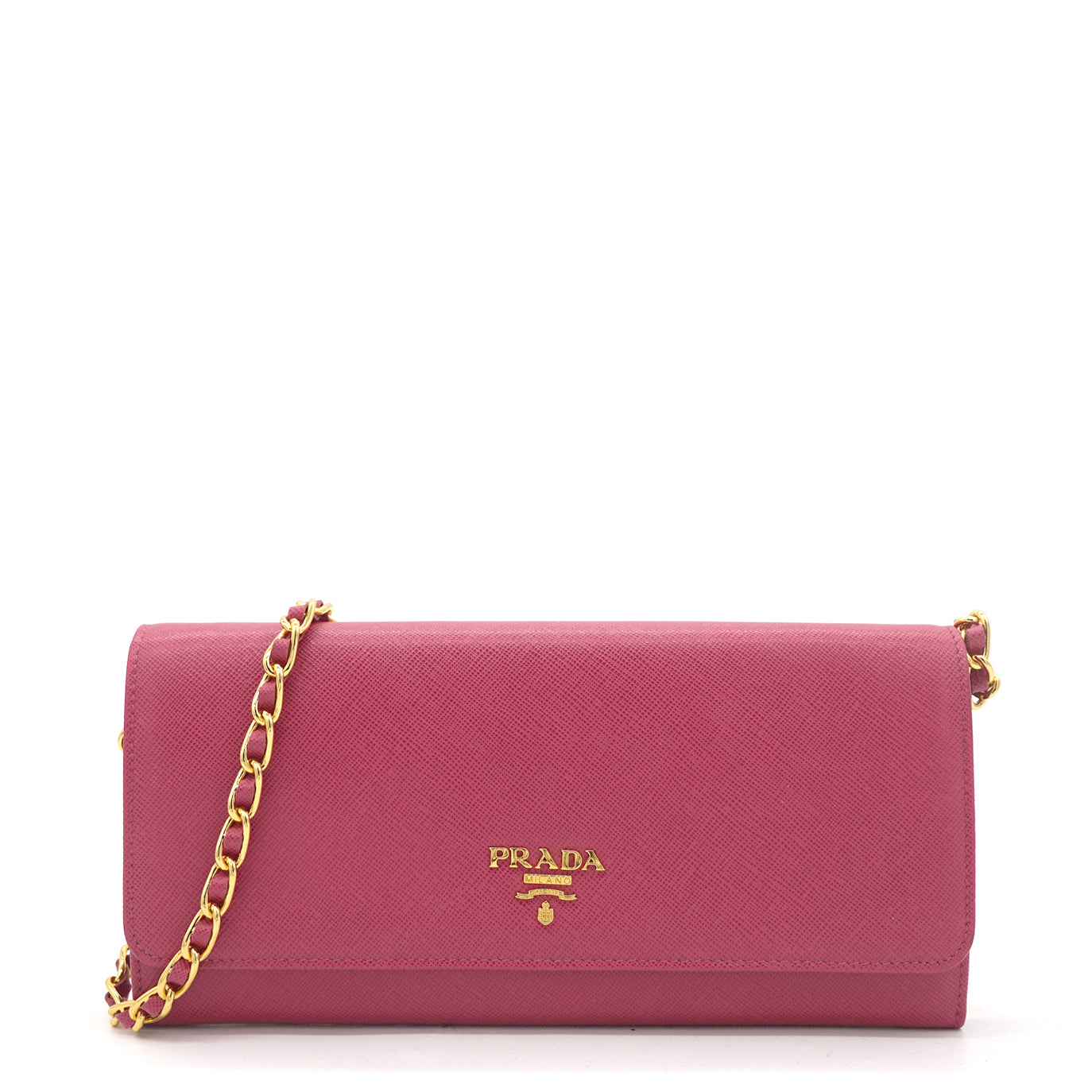 Prada Pink Saffiano Lux Leather Logo Plaque Wallet On Chain